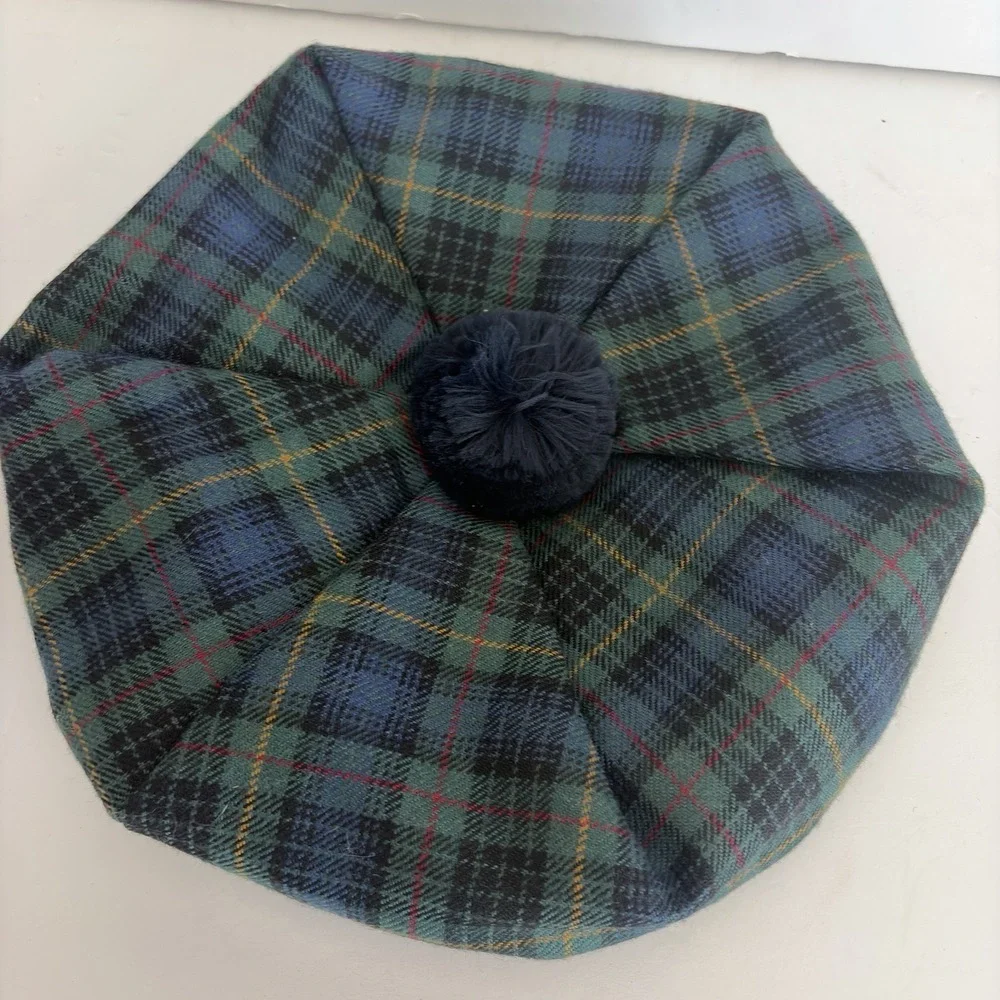 James Pringle Weavers Hat Beret OS Green Stewart Tartan Pure New Wool Scotland